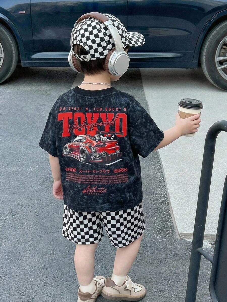 Bubblio 2件套幼儿男童时尚休闲赛车图案黑色扎染短袖T恤和棋盘格短裤套装,春夏男婴服装,套装,街头服饰 - 黑色 - 查看 1