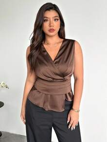 Firerie Plus Size Elegant Casual Sleeveless V-Neck Satin Irregular Hem Fitted Blouse, Suitable For Spring, Summer, Autumn And Winter, Versatile For Daily Commute, Summer Tops - Brown - View 6