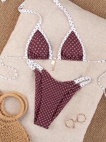 Swim Mod Women's Summer New Polka Dot Contrast Color Print Sexy 70s Retro Backless Bikini Set With Triangle Bag, Suitable For Beach Party Vacation - Multicolor - View 5