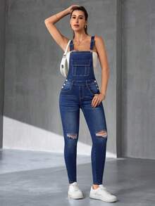 Flexra Slim Fit Sleeveless Square Neck Tie Pocket Distressed Casual Versatile Denim Jumpsuit - Dark Wash - View 4