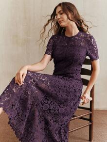Anewsta 优雅蕾丝拼接紫色短袖花卉拼接连衣裙，适合情人节、婚礼宾客、狂欢节、春夏、新年、派对等场合，优雅女士连衣裙，别致时尚。 - 紫色 - 查看 5