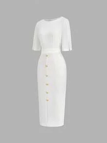 Balvessa Women's Fashion Five-Sleeve Split Waist Button Elegant Bodycon Dress, Suitable For Daily, Vacation, Outing, Party, Spring/Summer - White - View 3
