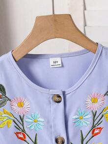 两件套少女复古印花花瓣袖衬衫+不对称纽扣半身裙套装，舒适的春夏度假装 - 紫色 - 查看 3