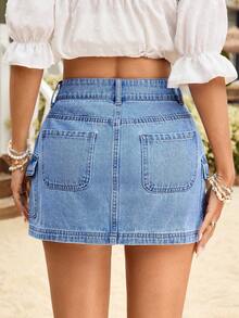 Breezaya Women's Utility Pocket Casual Waist Button Design Denim Mini Skirt - Blue - View 2