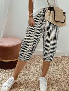 INAWLY Women's Summer Trousers 2026 Fashionable Two-Tone Vertical Striped High-Waisted Casual Loose Slouchy Style Laced - Black - View 1