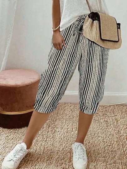 INAWLY Women's Summer Trousers 2026 Fashionable Two-Tone Vertical Striped High-Waisted Casual Loose Slouchy Style Laced