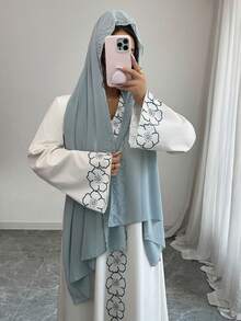 Yasmyna Women's Loose V-Neck Printed Long Sleeve Arabic Dress - Blue - View 6