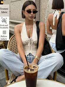 Ritzy Row 新款春夏简约设计，优雅精致，V领露背吊带背心，收腰显瘦，女士背心，夏季上衣，女士休闲上衣，女士度假装，杏色奶油色吊带背心 - 杏色 - 查看 2