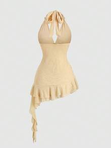Sweetra Romantic Knitted Lace Twist Tie Layered Ruffle Hem Cropped Dress For Women, Sweet Style, Spring/Summer - Khaki - View 2