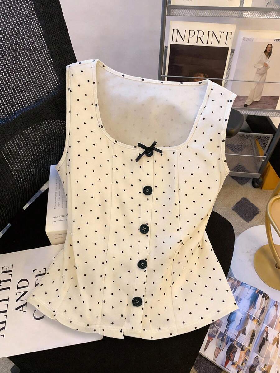 GlowEve 女士时尚波点印花方领蝴蝶结前襟撞色纽扣方领优雅浪漫休闲日常约会通勤晚宴马甲，春夏款 - 彩色 - 查看 1