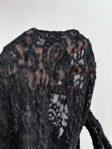 Elamini 女士提花针织腰果花纹理收腰连衣裙 - 黑色 - 查看 6