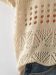 SHEIN Women's Summer Vacation Round Neck Short Sleeve Hollow Out Knit Top - Apricot - View 4