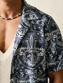 Airaco 男士休闲度假风全幅植物印花翻领短袖衬衫，夏季 - 藍色 - 查看 6