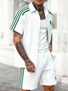 Manfinity Homme Bộ đồ nam mùa hè kiểu dáng thường ngày kẻ sọc phối màu, tay ngắn, cài cúc phía trước, gồm áo sơ mi và quần. - Nhiều màu - Xem 2