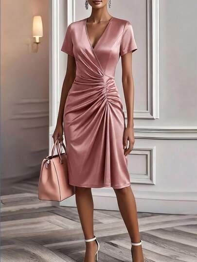 Balvessa 女士时尚V领短袖褶皱腰身优雅连衣裙，适合日常、度假、外出、派对、春夏穿着