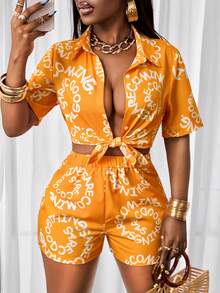 BamGleam Conjunto casual de 2 piezas para mujer con camiseta con estampado total y fruncido delantero, y shorts de cintura elástica, conjunto de playa para mujer, conjunto de vacaciones para mujer, ropa de verano de 2 piezas para mujer, conjunto casual de 2 piezas para mujer - Amarillo - Ver 1