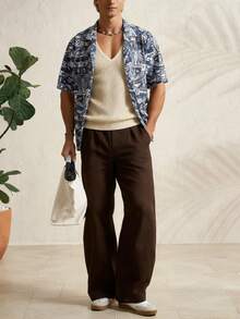 Airaco 男士休闲度假风全幅植物印花翻领短袖衬衫，夏季 - 藍色 - 查看 4