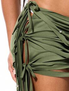 SUMWON WOMEN Jersey Fringe Bead Macrame Micro Mini Booty Shorts With Tie Details And Metal Hardware Embellishments - Army Green - View 6