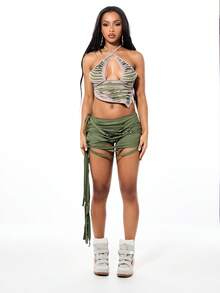 SUMWON WOMEN Women's Cutout Halter Neck Tank Top With Zebra Print Pattern And Tie Back Detail Summer Festival Crop Top - Green - View 5