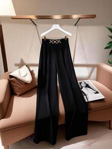 Franclia Women's Black Elegant Suit Trousers, Black Trousers, Chain Trousers, Black Dress Pants, Chain Dress Pants, Women's Casual Trousers, Women's Vacation Trousers, New Year Trousers, Elegant Trousers, Beach Trousers, Fashionable Chain Trousers, Casual And Versatile Trousers, Valentine's Day Romantic Date Trousers, Commuter Fashion Trousers, Fashionable Going-Out Trousers - Black - View 4