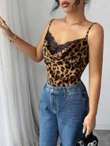 EMERY ROSE Camiseta de mujer elegante con cuello drapeado de encaje y estampado de leopardo - Multicolor - Ver 4