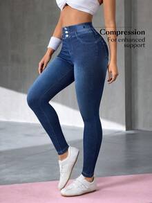 Flexra 女士高腰紧身牛仔裤 - 深色水洗藍 - 查看 3