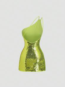Sweetra Robe mini sans manches chic de vacances à ligne évasée avec décorations de bretelles élastiques asymétriques, taille cintrée avec sequins verts et perles - Vert - Voir 2
