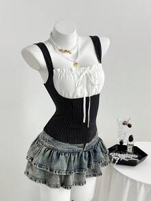 Elamini YK2 Women's Retro Sweet & Spicy Waist Cinched Patchwork Striped Shirred Camisole Top - Black - View 3