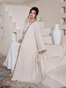 Yasmyna Áo Abaya Ả Rập thanh lịch dành cho nữ, màu mơ, chất liệu satin acetate, viền ren, thích hợp cho mùa xuân/hè. - Màu be - Xem 7