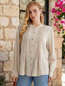 Parysyn Plus Size Elegant Women's Cream Blouse With Pleated Front And Banded Collar Long Sleeves For Everyday Wear Casual Blouse Western Tops Ribbed Shirt - Apricot - View 1
