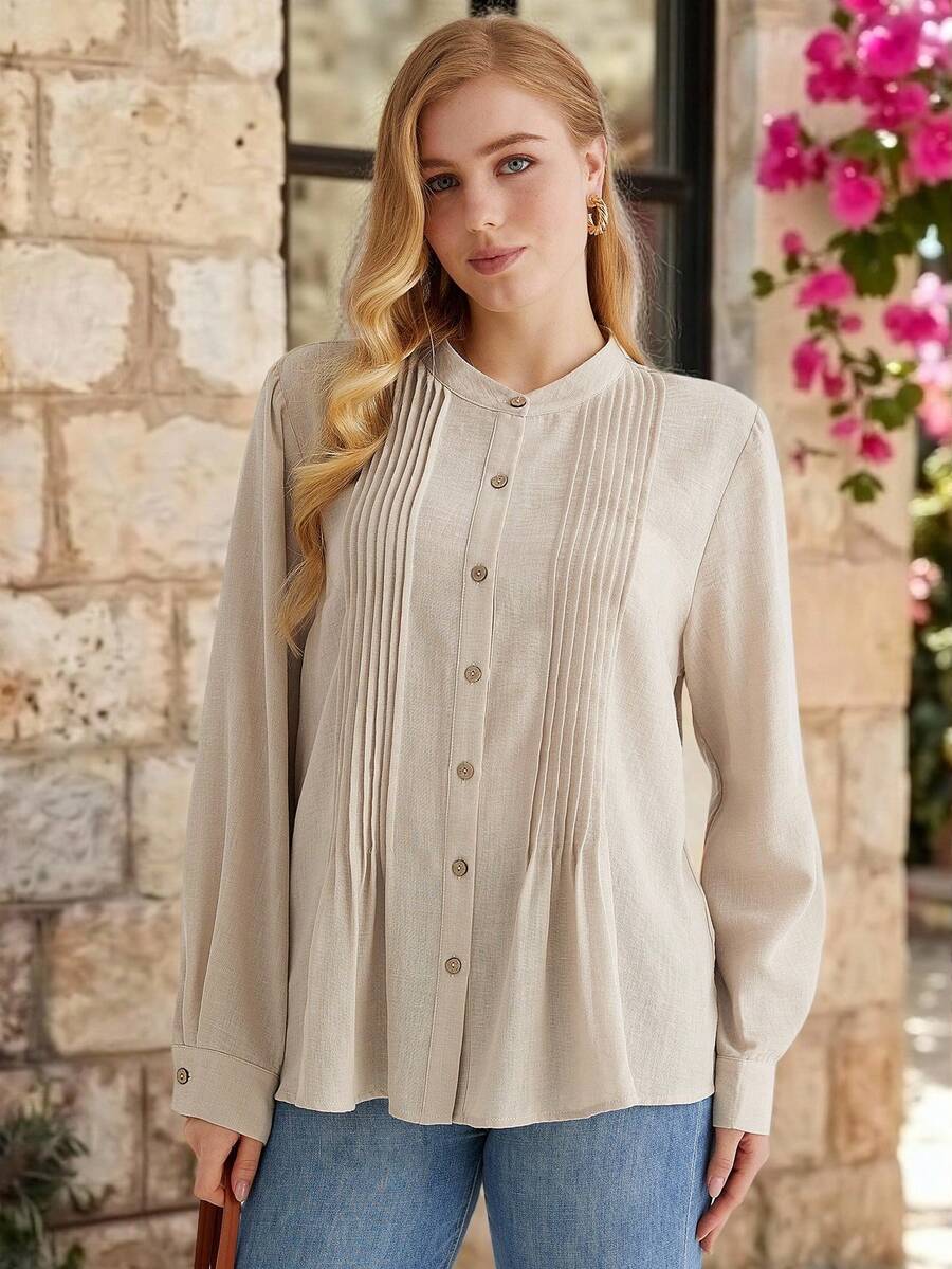 Parysyn Plus Size Elegant Women's Cream Blouse With Pleated Front And Banded Collar Long Sleeves For Everyday Wear Casual Blouse Western Tops Ribbed Shirt - Apricot - View 1