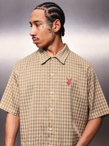 PLAYBOY X SUMWON Men's Cropped Button Down Shirt Short Sleeve Checkered Pattern Collared Casual Summer Spring Relaxed Fit Style - Yellow - View 5