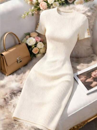 Franclia Vestido mini elegante de mujer de unicolor, cuello redondo, manga corta y diseño de botones ajustado