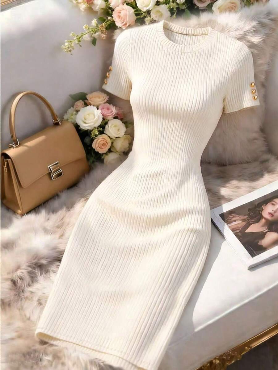 Franclia 女士纯色圆领短袖纽扣设计修身优雅迷你连衣裙 - 杏色 - 查看 1