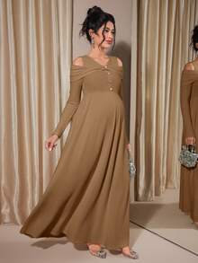 Momance Vestido midi de línea A de punto acanalado con botones y mangas raglán para maternidad, primavera/otoño - Café - Ver 4