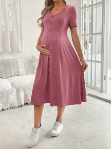 SHEIN 孕妇优雅V领短袖A字型纽扣装饰连衣裙 - 粉色 - 查看 1