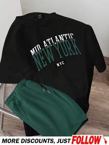 Manfinity Joysei 男士字母印花圆领短袖休闲T恤和抽绳腰短裤套装 - 彩色 - 查看 7