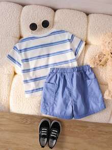 SHEIN 2pcs/Set Baby Boy Summer Casual Cute Striped T-Shirt And Elastic Waist Shorts Set - Blue - View 2