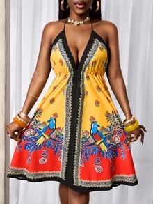 BamGleam Women's Spaghetti Strap Tie Backless Floral Print Ruffle Sexy Date Party Mid-Length Slip Dress - Multicolor - View 3