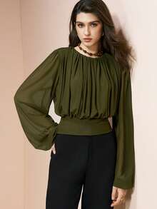 Arave Women's Knitted Mesh Fabric, Wide Round Neck, Straight Shoulders, Long Sleeves, Fitted Waist With Pleats, Casual Everyday Cropped Top Valentine Outfits For Women Valentine's Day - Army Green - View 8