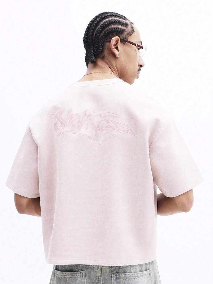 Boxy Fit Embroidered Suedette Tee With Crew Neck