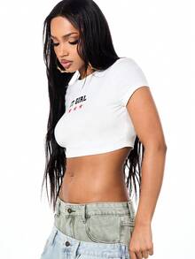 SUMWON WOMEN IT Girl Crop Top Graphic Print Short Sleeve Baby Tee Casual Summer Chest Print Ribbed Cotton Blend Fashion Statement Piece - White - View 1