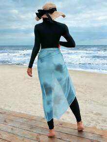 SHEIN Swim Shayni Bộ áo liền quần dài tay cổ tròn màu trơn và chân váy dây rút màu xanh dương dành cho nữ. - Màu xanh lam - Xem 2
