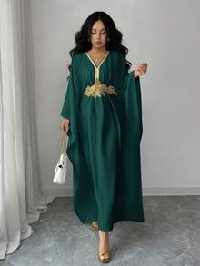 SHEIN Elenzya 金色滚边装饰优雅收腰修身中长连衣裙 - 墨綠色 - 查看 4