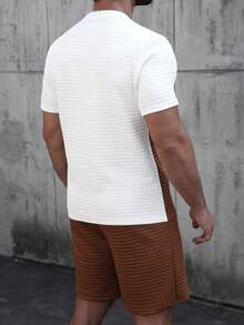 Manfinity Homme Men's Quilted Texture Color Block Two Pieces Set,Brown Checkered,Summer,Casual,Streetwear,City Break,Short Sleeve O Neck T-Shirt & Drawstring Shorts - Multicolor - View 2