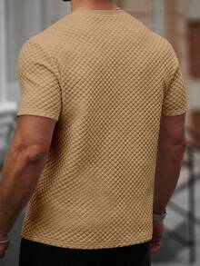 Manfinity Homme Men's Letter Graphic Round Neck Short Sleeve Casual Versatile T-Shirt,2026 New Arrival Men's Casual Tee | Khaki Waffle Knit | Crew Neck | Relaxed Fit | Streetwear & Daily - Khaki - View 2