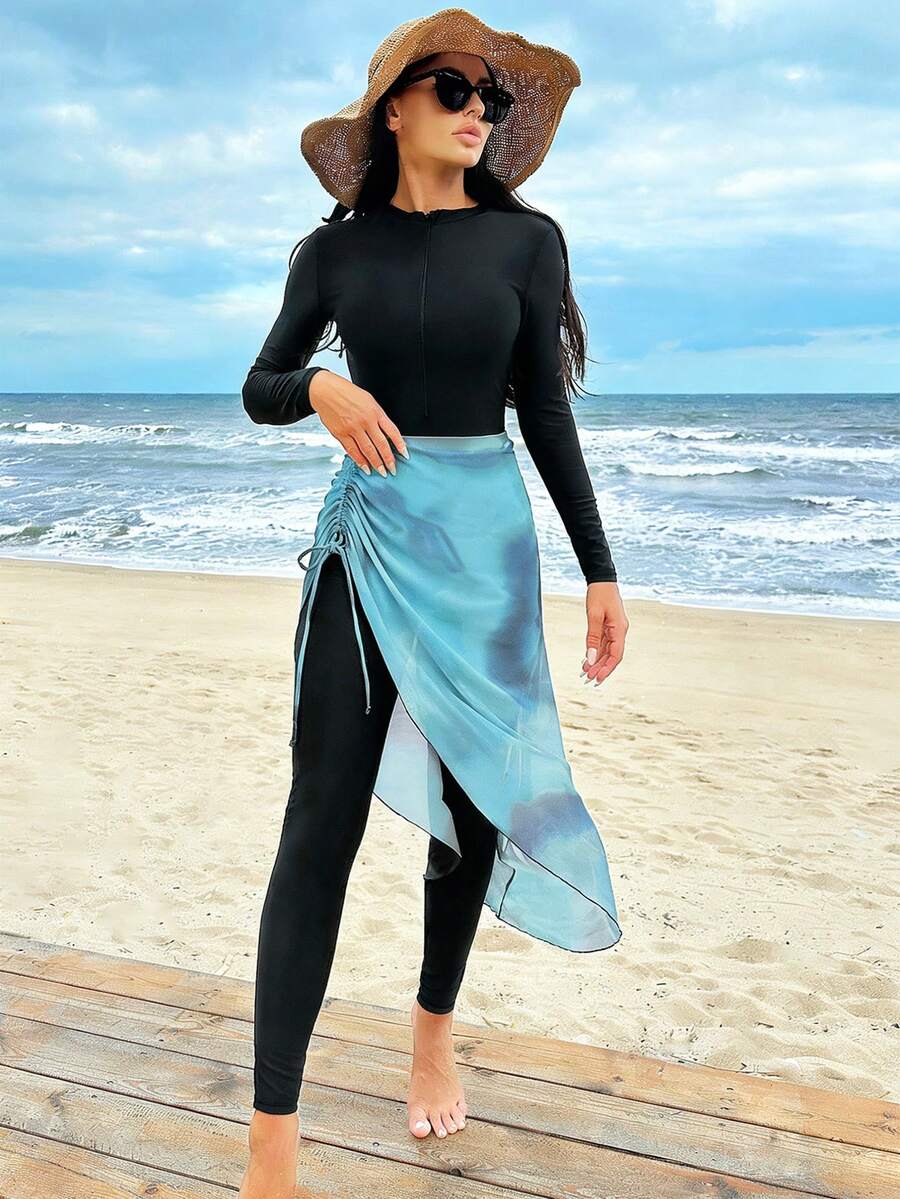 SHEIN Swim Shayni Bộ áo liền quần dài tay cổ tròn màu trơn và chân váy dây rút màu xanh dương dành cho nữ. - Màu xanh lam - Xem 1