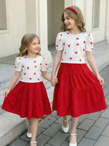 Tween Girl Heart Print T-Shirt And Red Skirt Set - Red - View 1