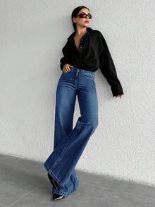 女式休闲水洗高腰阔腿牛仔裤 - 深色水洗藍 - 查看 3