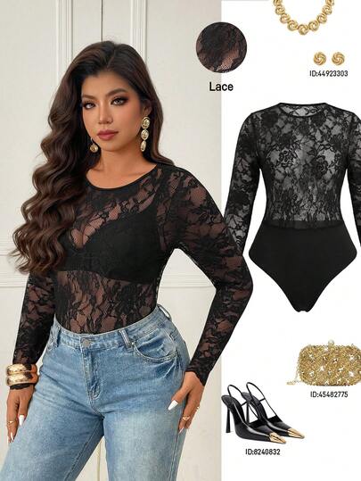 Femmeverse Plus Size Women Sexy Bodysuit, Round Neck, Lace Patchwork Solid Color For Wedding,Party,Valentine's Day